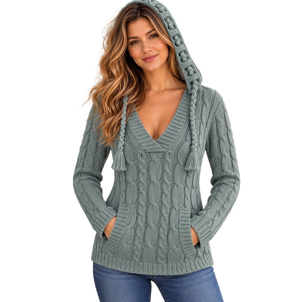 Sweater Project Sweater Seafoam Blue Cable Knit Tassel Hood Boho Pouch Pocket L